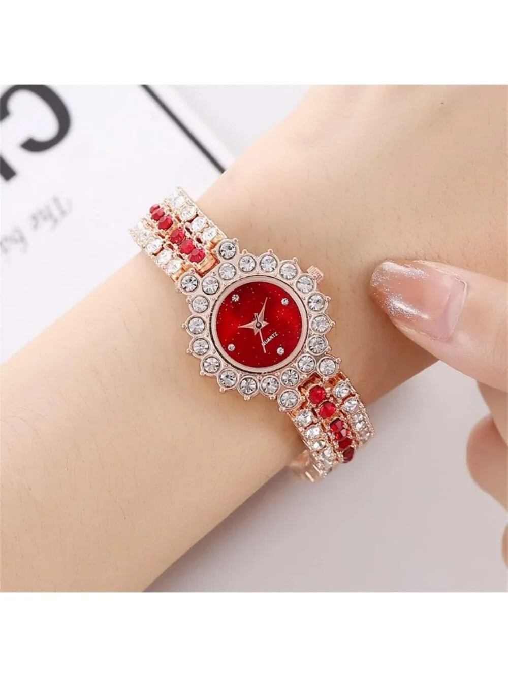 Women's Red Analog Quartz Elegant Steel Belt Diamonds Bracelet Set Wrist Watch